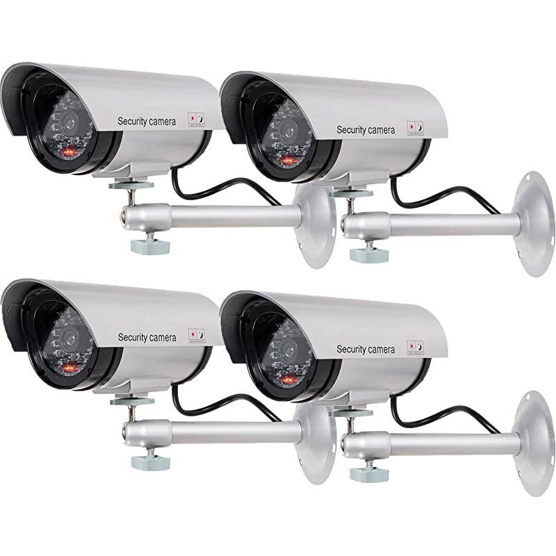 Bullet Dummy Fake Surveillance Security CCTV Dome Camera Indoor Outdoor with one LED Light + Sticker Decals (TC-S4), 4 Packs, Silver