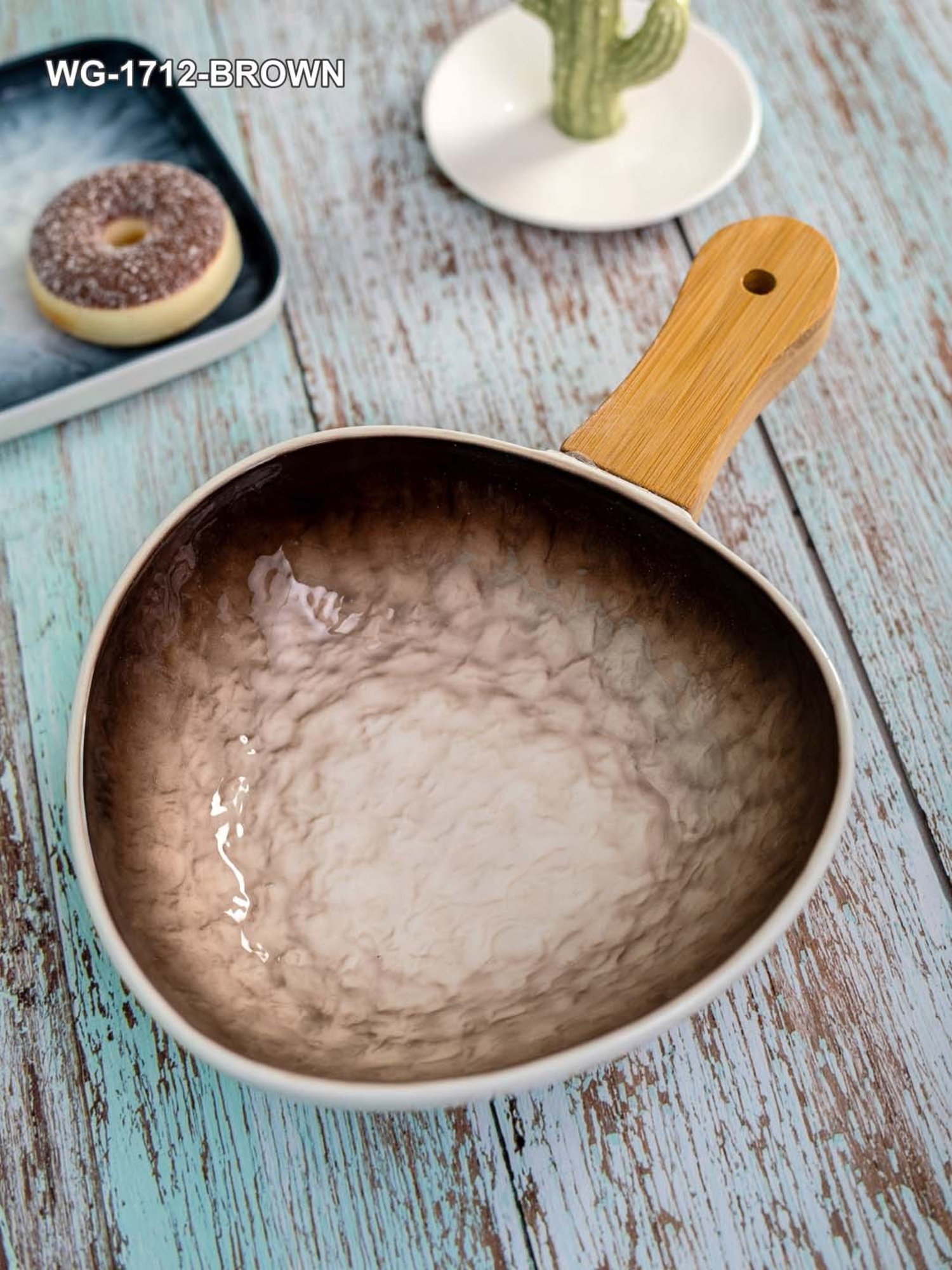 White Gold White & Brown Porcelain Serving Bowl With Wooden Handle
