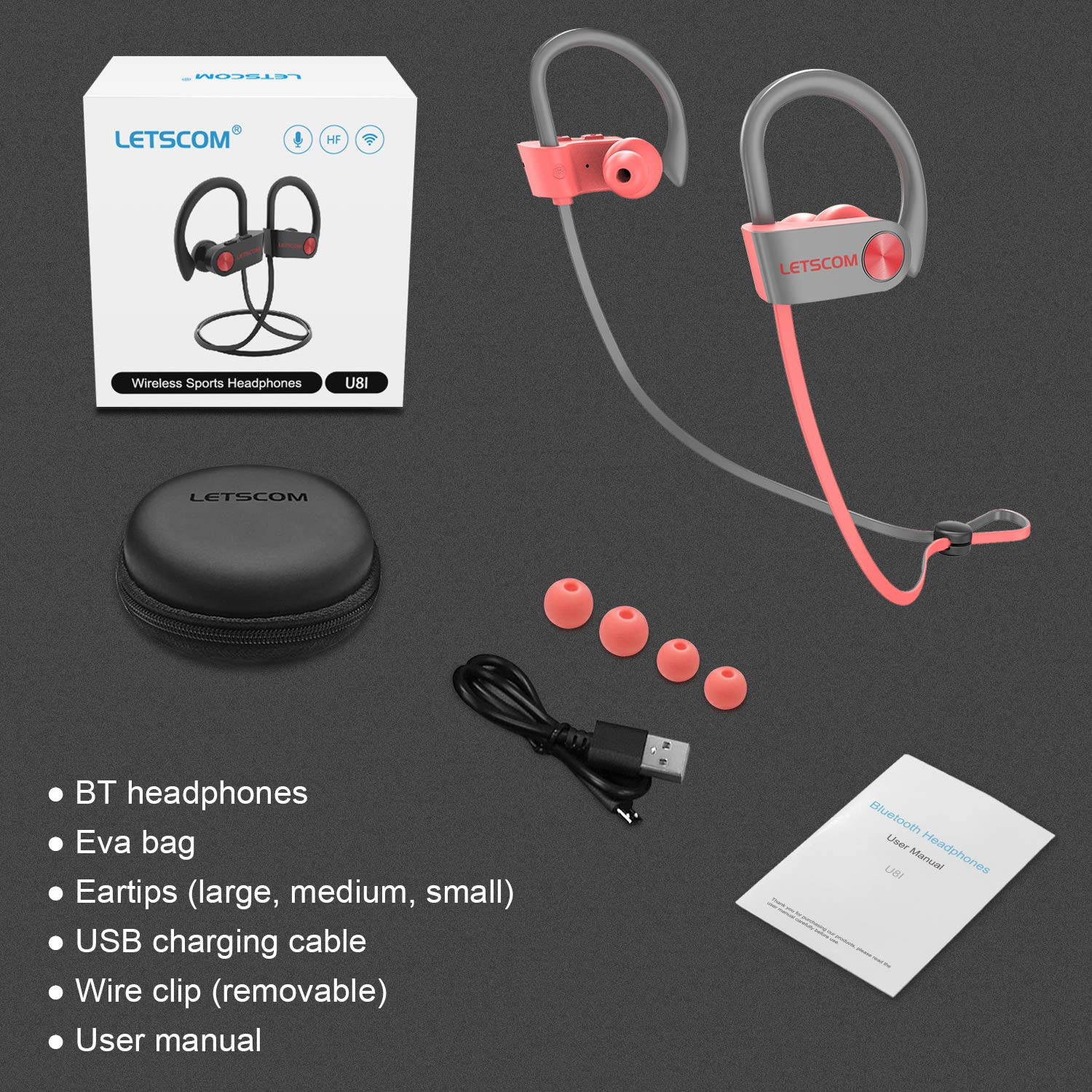 Bluetooth Headphones IPX7 Waterproof, Wireless Sport Earphones, HiFi Bass Stereo Sweatproof Earbuds w/Mic, Noise Cancelling Headset for Workout, Running, Gym, 8 Hours Play Time