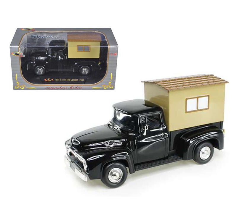 1956 Ford F-100 Pickup Truck Black with Camper 1/32 Diecast Model Car by Signature Models