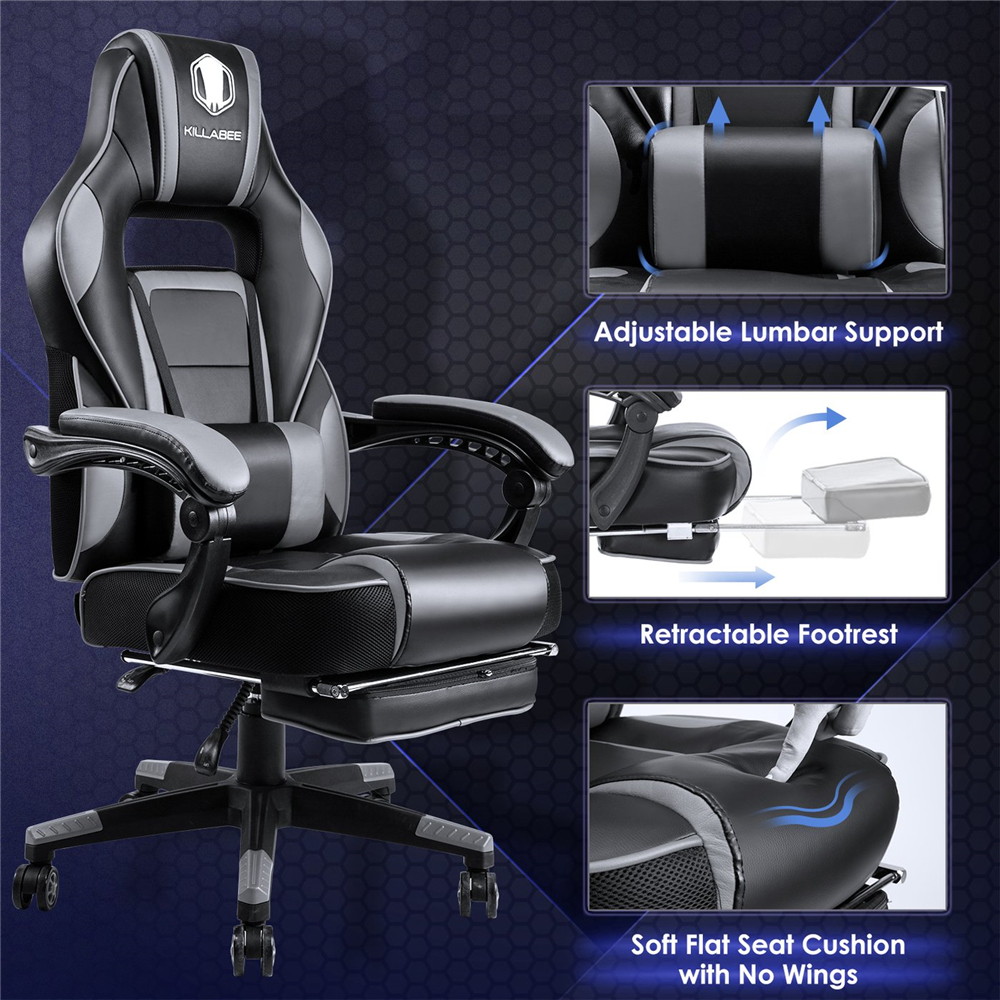 Massage Gaming Chair High Back PU Leather PC Racing Computer Desk Office Swivel Recliner with Retractable Footrest and Adjustable Lumbar Support