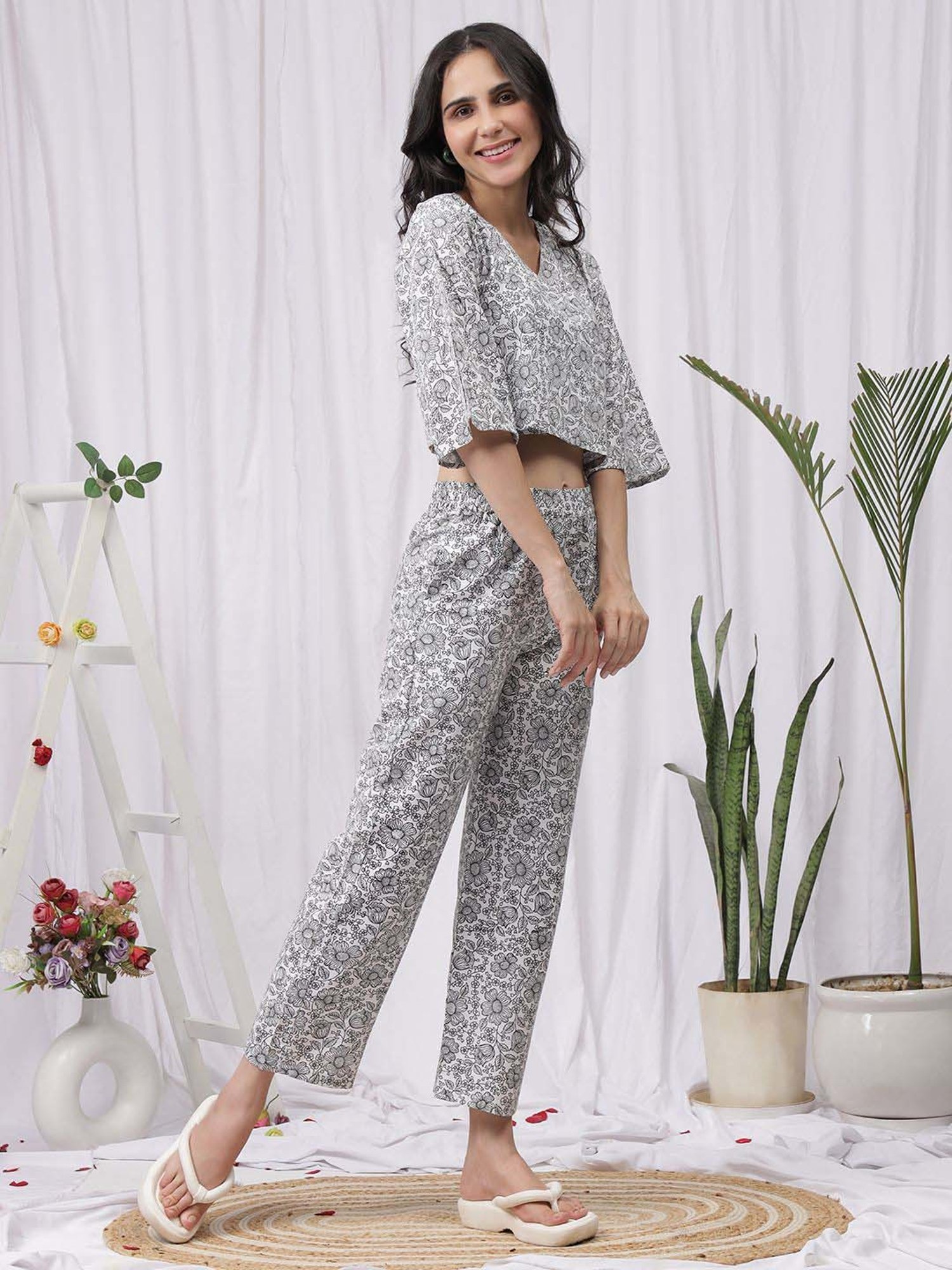 NEUDIS Black & White Cotton Printed Crop Top and Pant Set