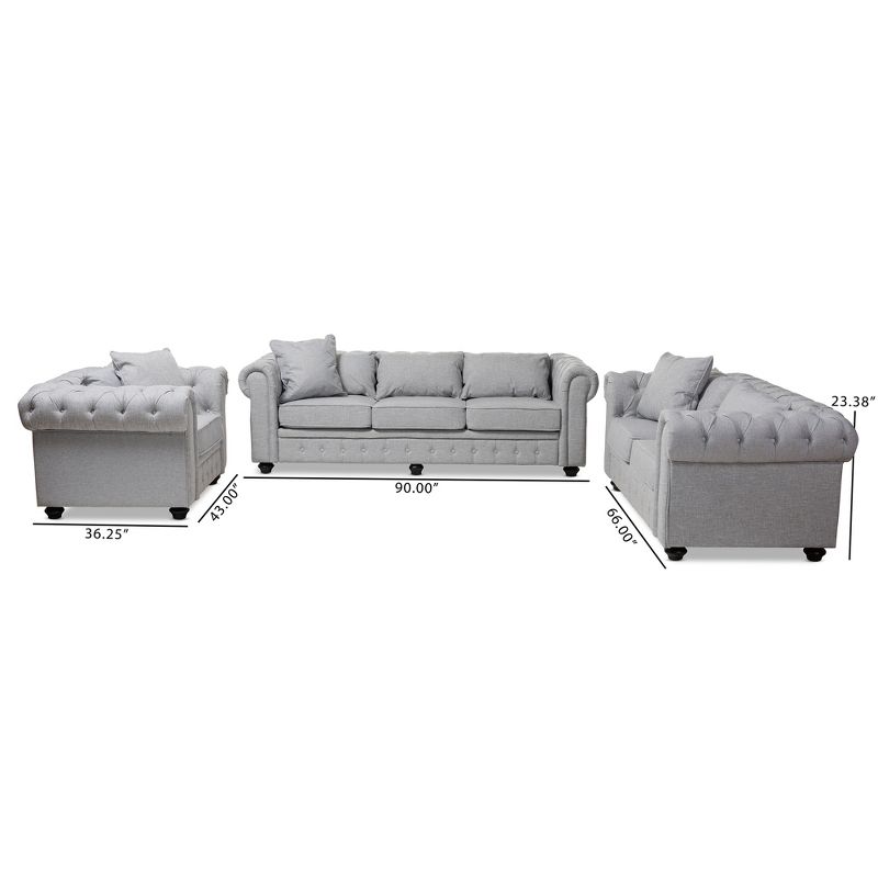3pc Baxton Studio Alaise Modern Classic Linen Tufted Scroll Arm Chesterfield Living Room Set Gray