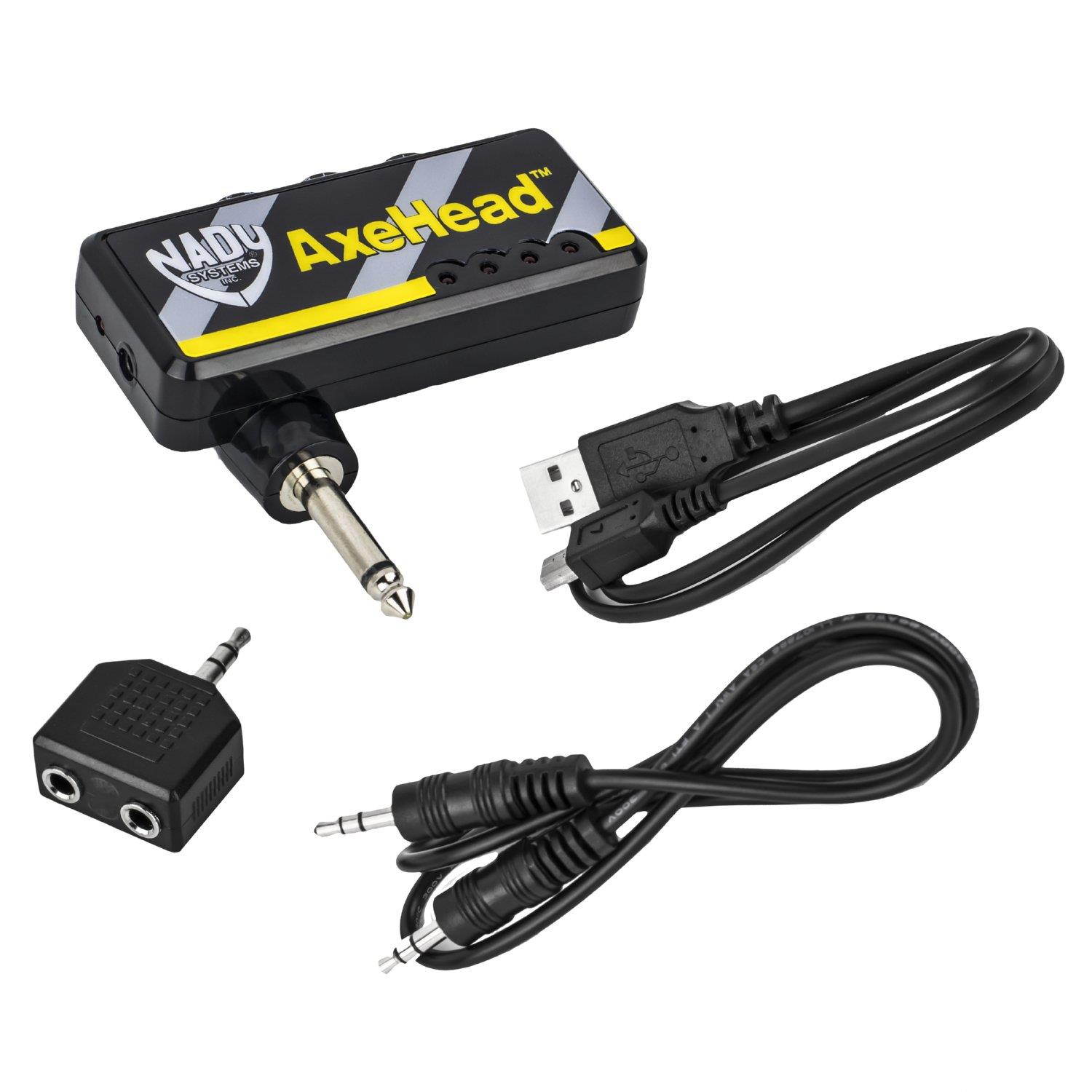 Nady AxeHead Miniature Headphone Guitar Amplifier _ Built-in amp simulation with gain, tone and volume controls _ includes headphones splitter, 3.5mm audio cable, and USB charging cable