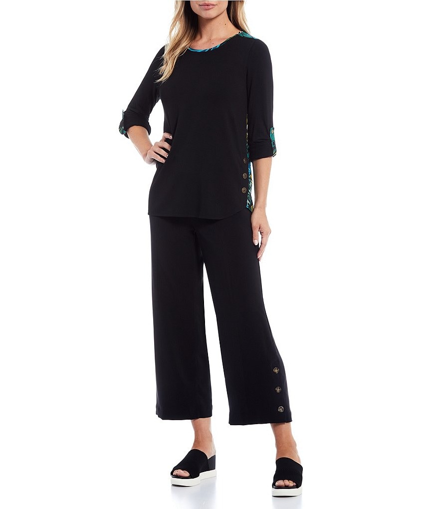 Multiples Pull-On Wide Leg Button Side Seam Hem Detail Pants