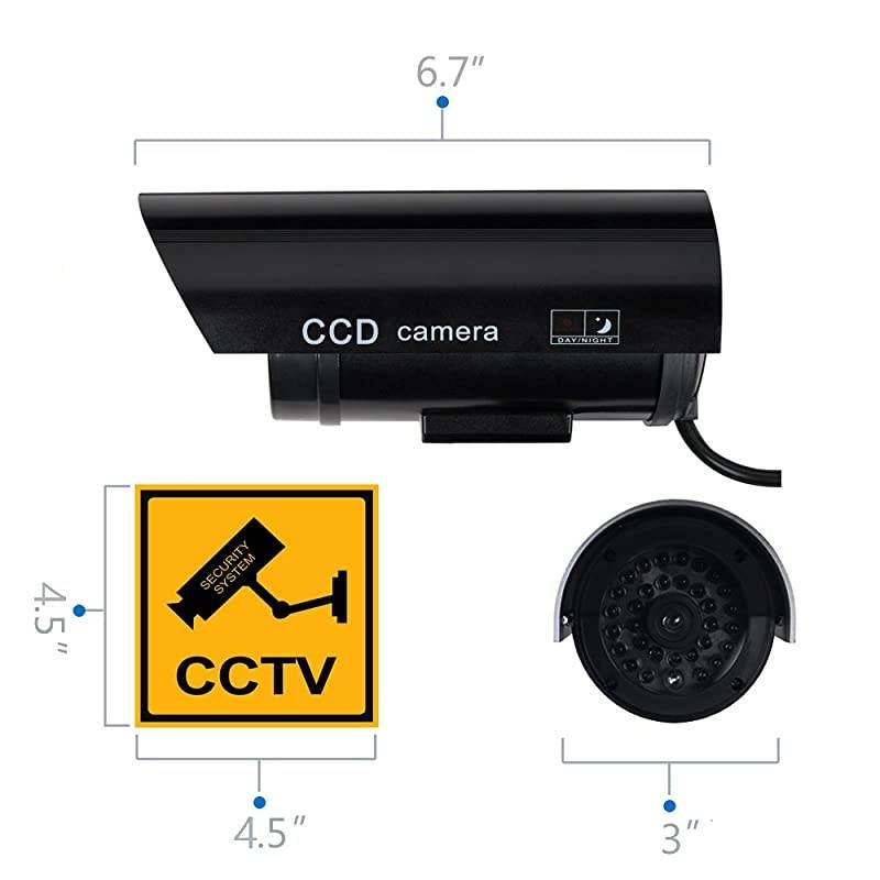 Bullet Dummy Fake Surveillance Security CCTV Dome Camera Indoor Outdoor 1 Flashing LED Light and Security Alert Sticker Decals Wl-B1-4 (Black), 4 Pack