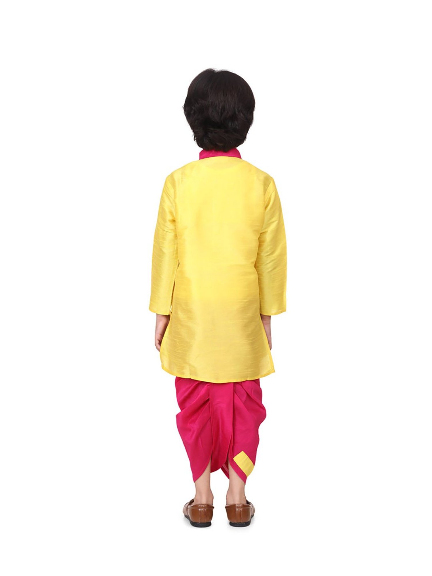 BownBee Kids Yellow & Pink Embroidered  Kurta with Dhoti