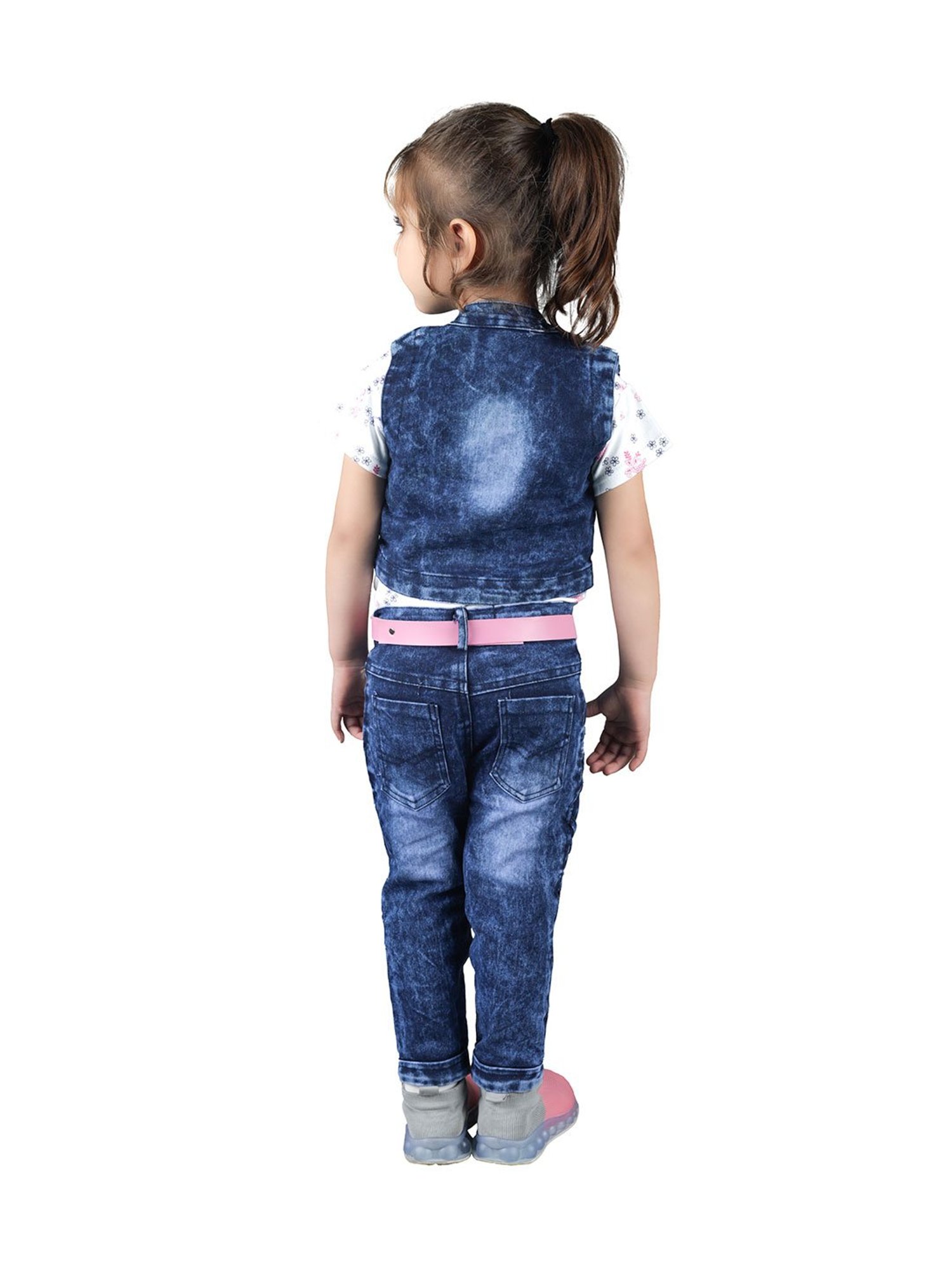 Ahhaaaa Kids White & Blue Printed Top, Jeans, Jacket with Belt