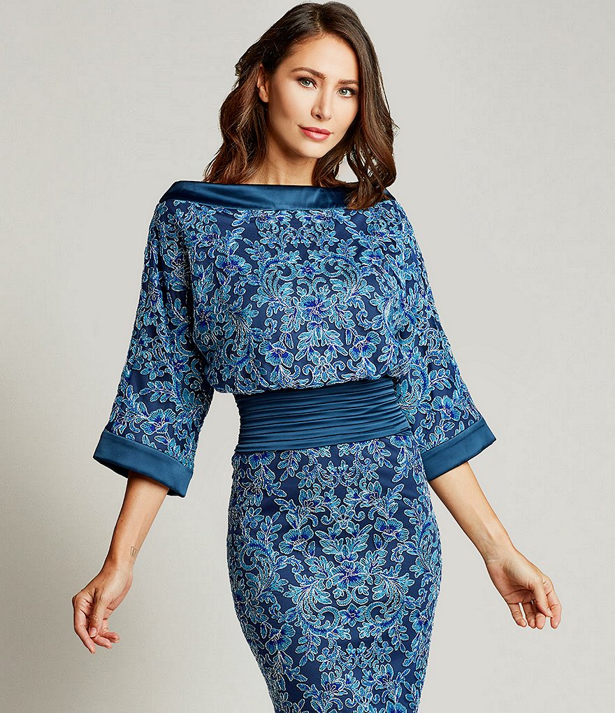 Marina Sequin Lace Round Neck 3/4 Sleeve Sheath Dress