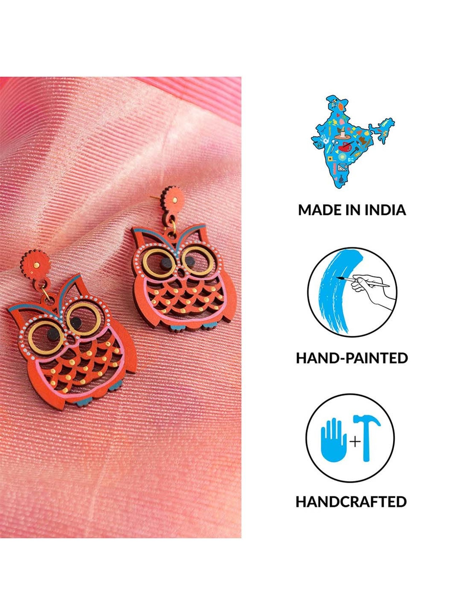 ExclusiveLane 'Symphony of Owls' Brick Red Handpainted Earrings in Recycled Earrings