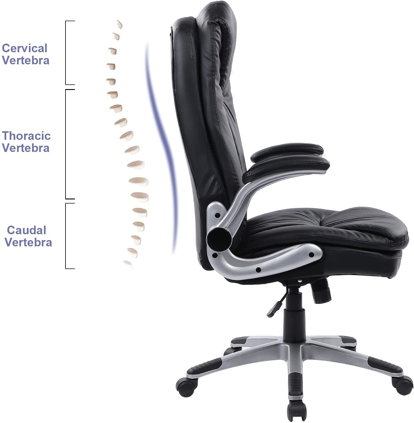 Executive Office Chair Ergonomic Leather Desk Chair with Flip-up Arms Double Padded Seat Cushion and Adjustable Tilt Angle Lumbar Support Office Chair for Home Office Work(9173 Black)