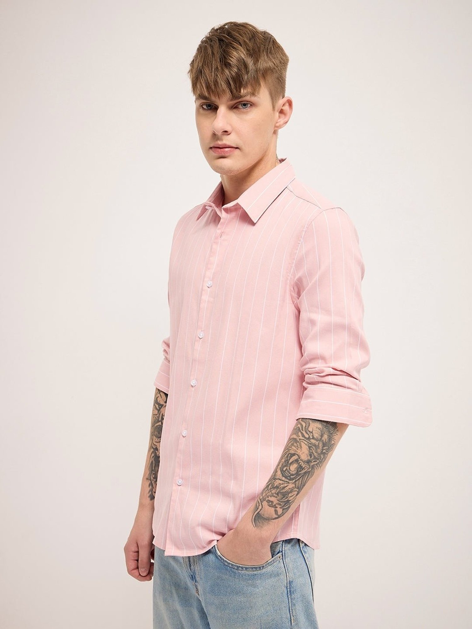 The Bear House Pink Slim Fit Striped Shirt