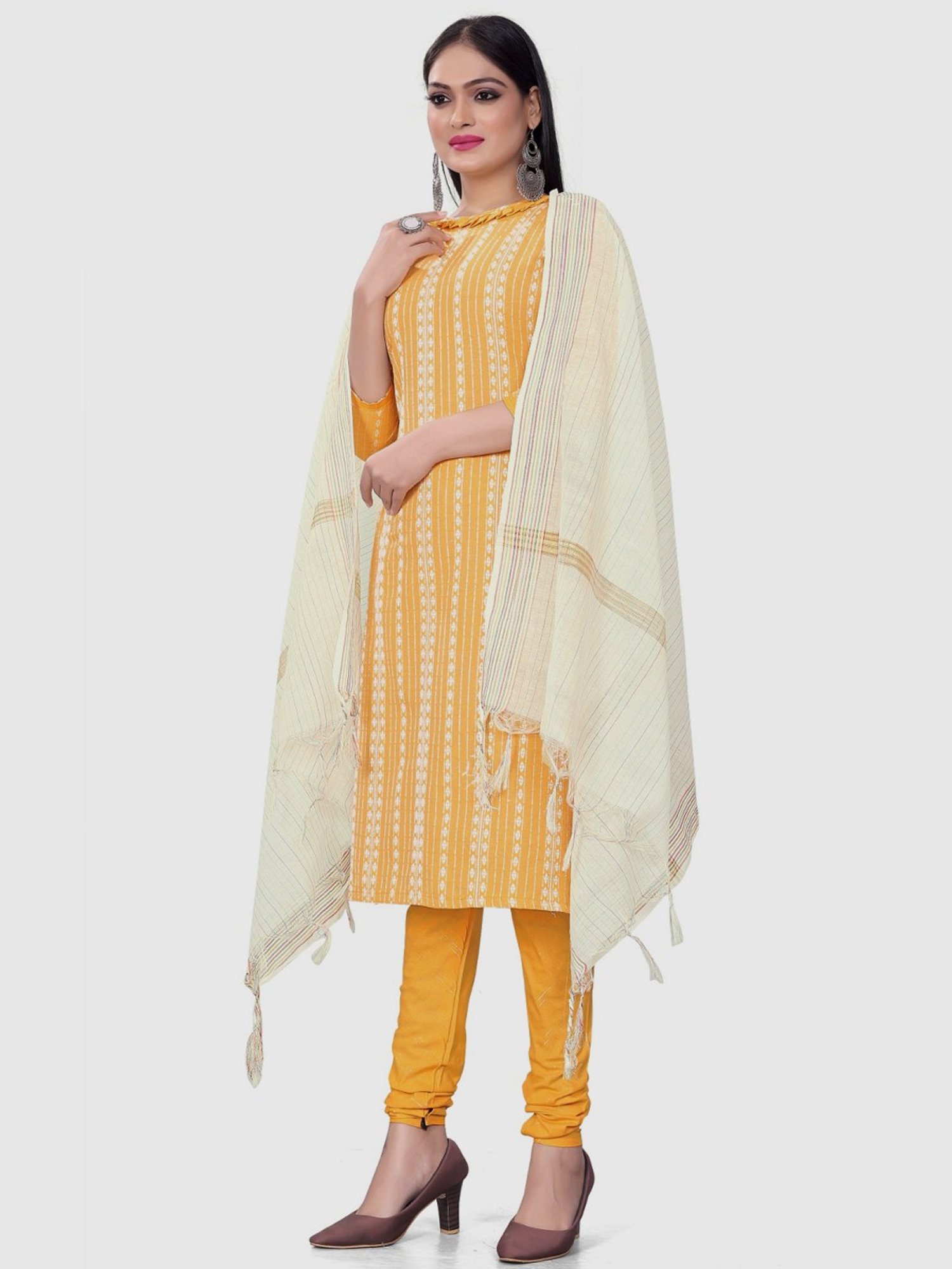 APNISHA Yellow Cotton Printed Unstitched Dress Material