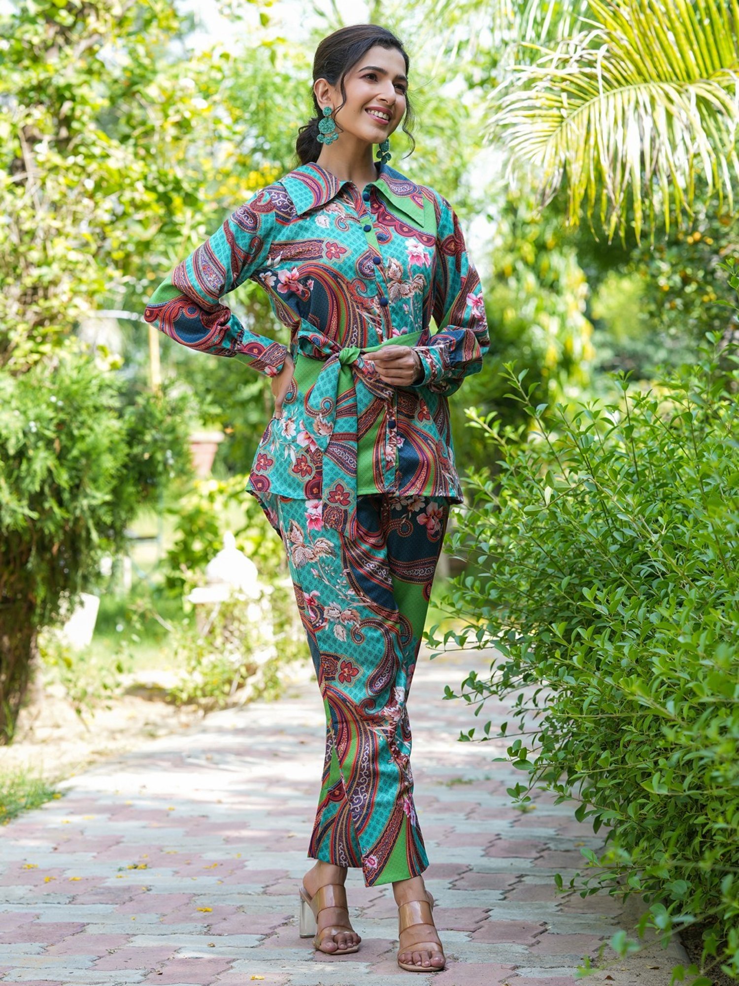 Yufta Green Printed Shirt Pant Set