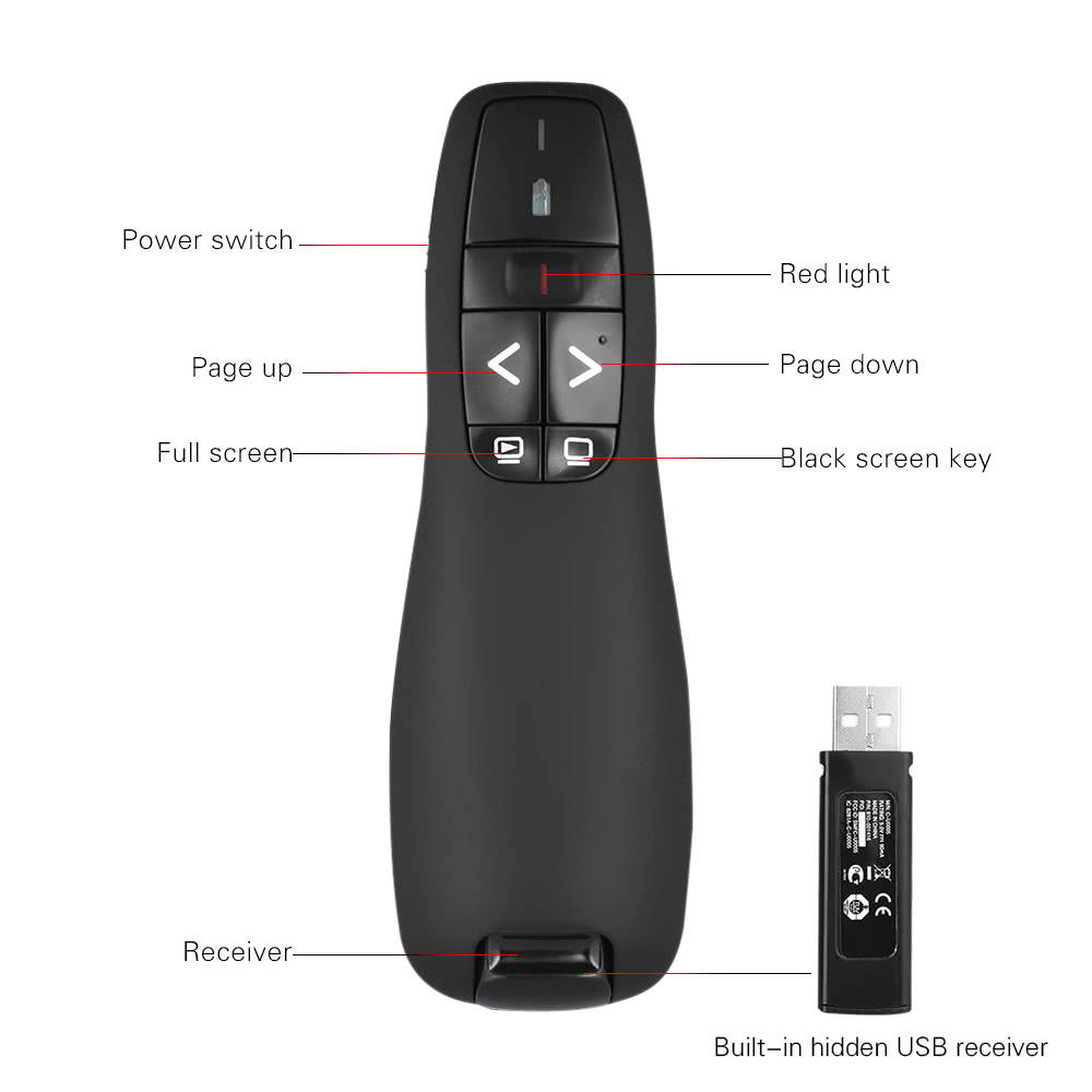 2.4GHz Wireless USB Powerpoint Presentation PPT Flip Pen Pointer Clicker Presenter with Built-in Reciver Red Light Remote Control for Teacher Lecturer Professor Scholar