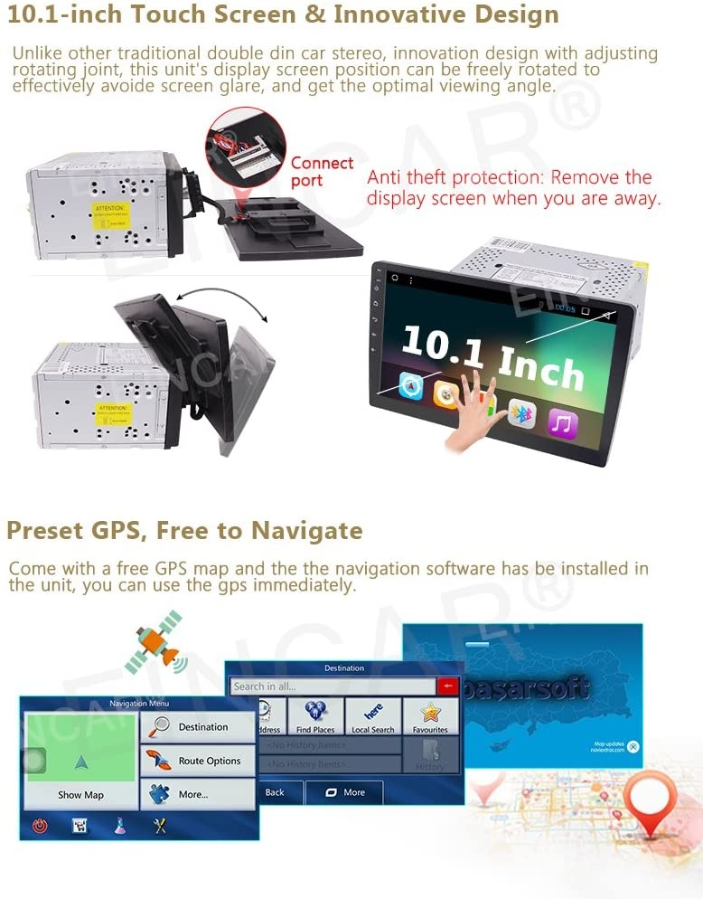 New Double 2 din Android Car Stereo 10.1 inch Full Touch Screen GPS Navigation System in Dash No DVD Player Bluetooth Car Radio Subwoofer Video Output Mirrorlink WiFi Headunit + Wireless Backup Camera