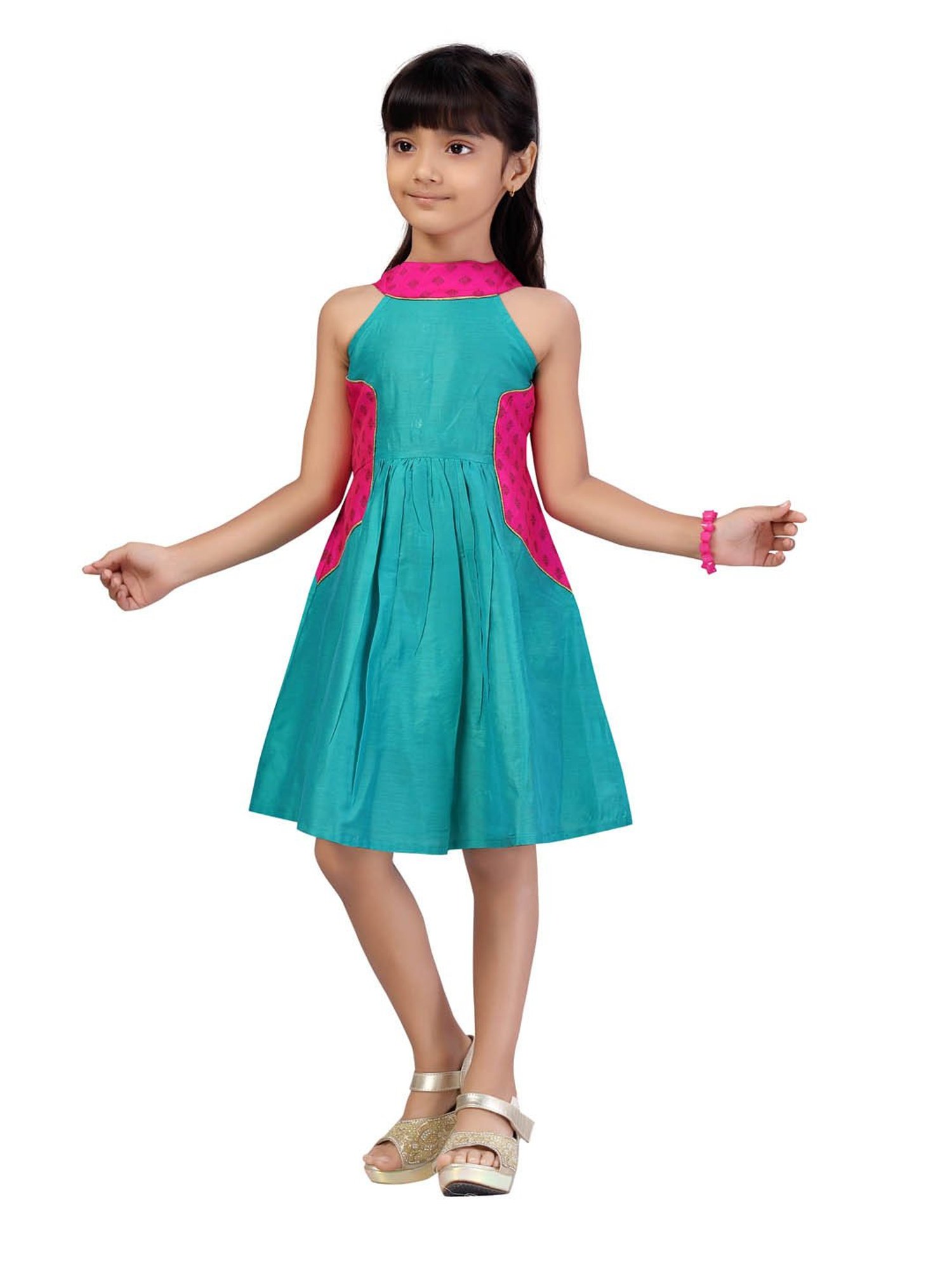 Aarika Kids Green & Pink Solid Frock
