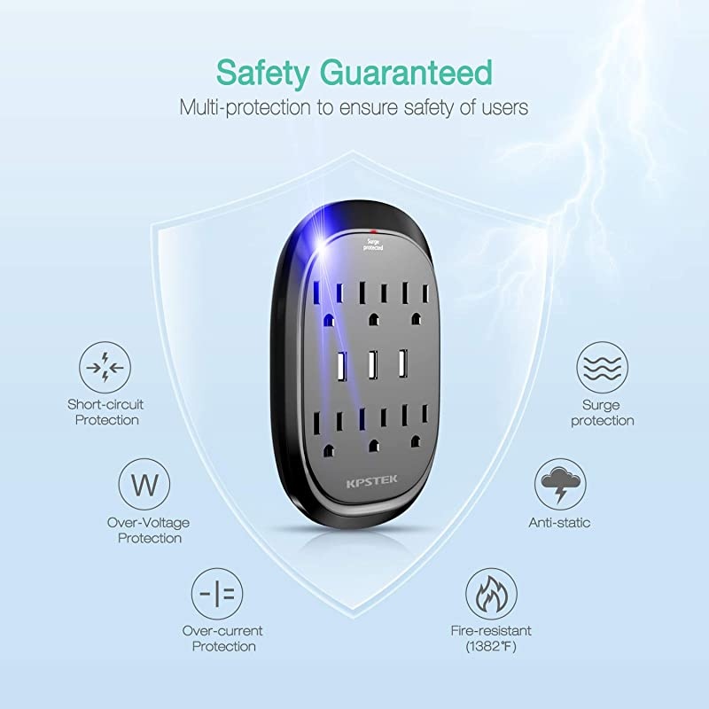 Protector 2 Pack KPSTEK 6Outlet Multi Plug Outlet Extender with 3 USB Ports 34A Total Wall Plug Adapter for Home Office and Dorm Room Black KS3336F