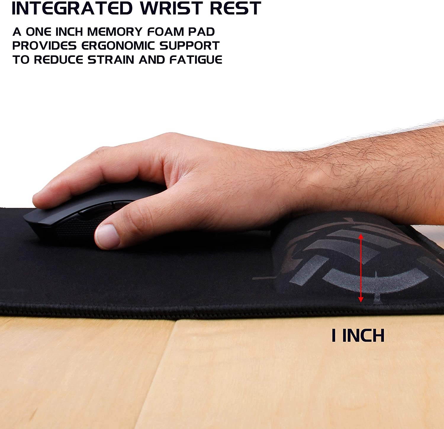 ENHANCE Large Gaming Mouse Pad with Wrist Support Memory Foam Wrist Rest (12.6 x 14 inches) - Anti-Fray Stitched Edges, Non Slip Rubber Grip, Ergonomic Design - 1 Inch Padded Cushion - Black