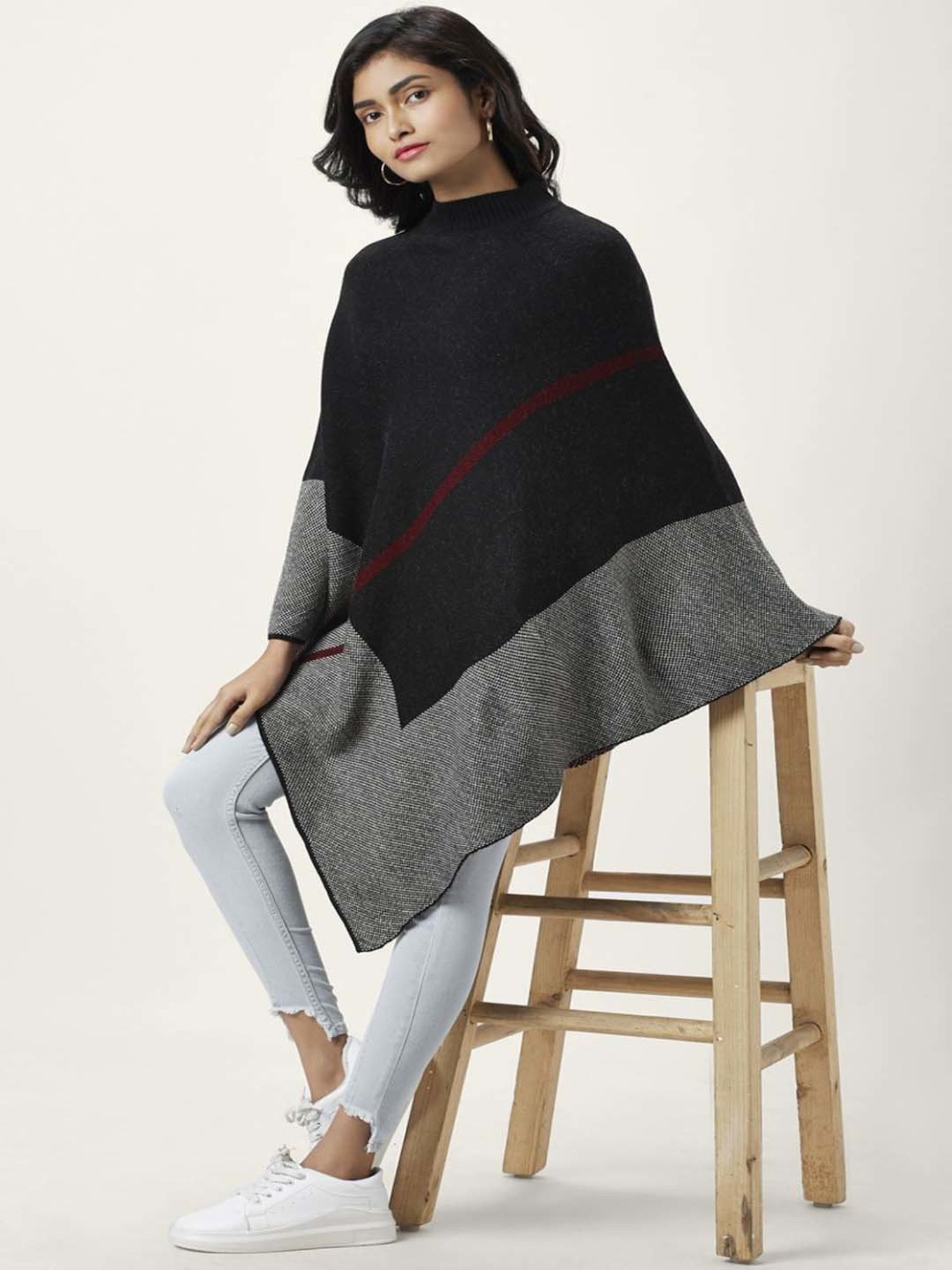 Honey by Pantaloons Black Jacquard Pattern Poncho