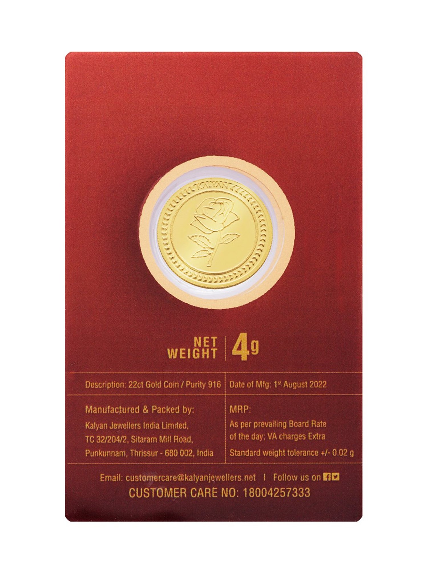 Kalyan Jewellers Rose 22k (916) 4gm BIS Hallmarked Gold Coin