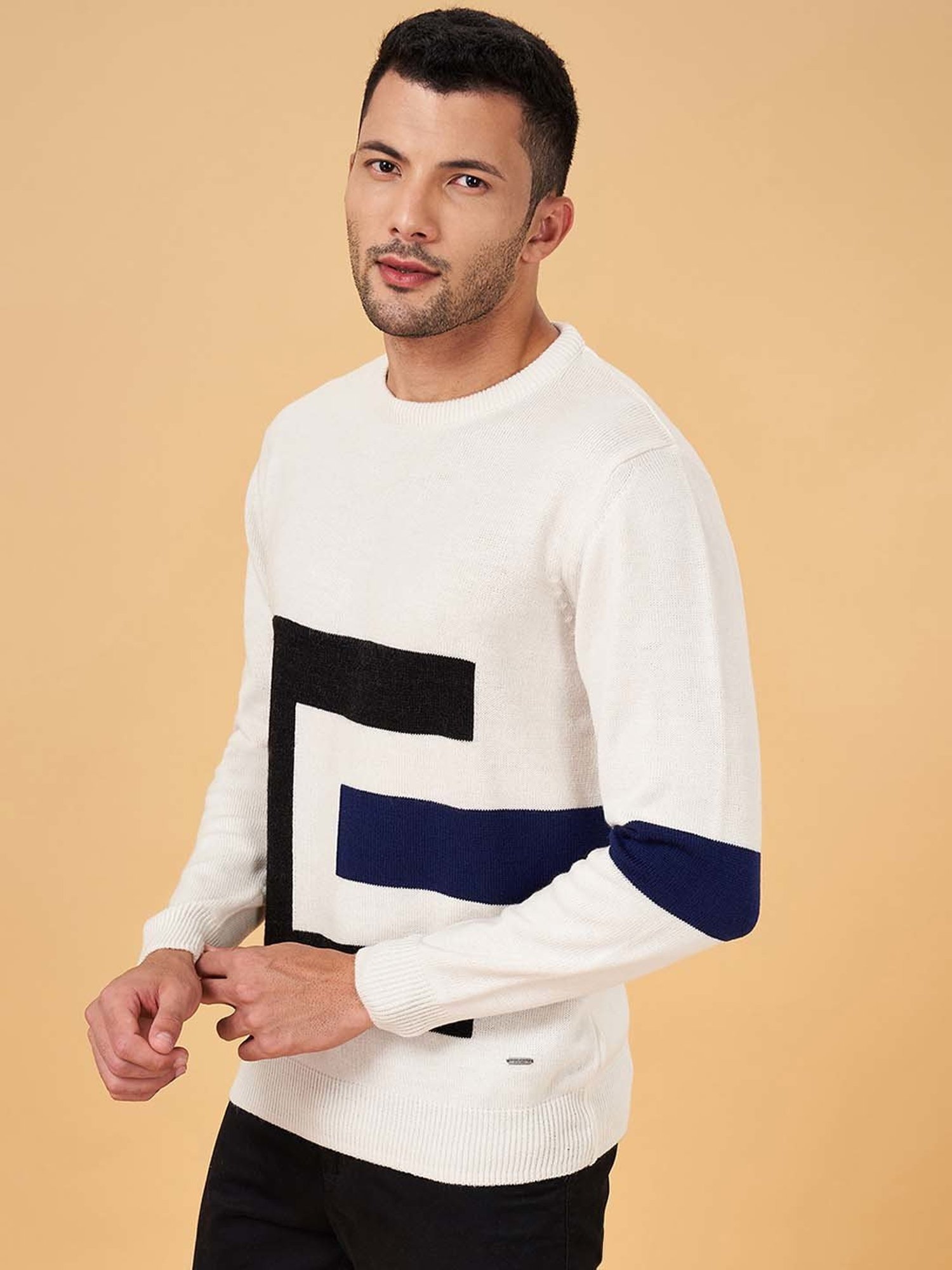 Byford by Pantaloons White Slim Fit Self Design Sweater