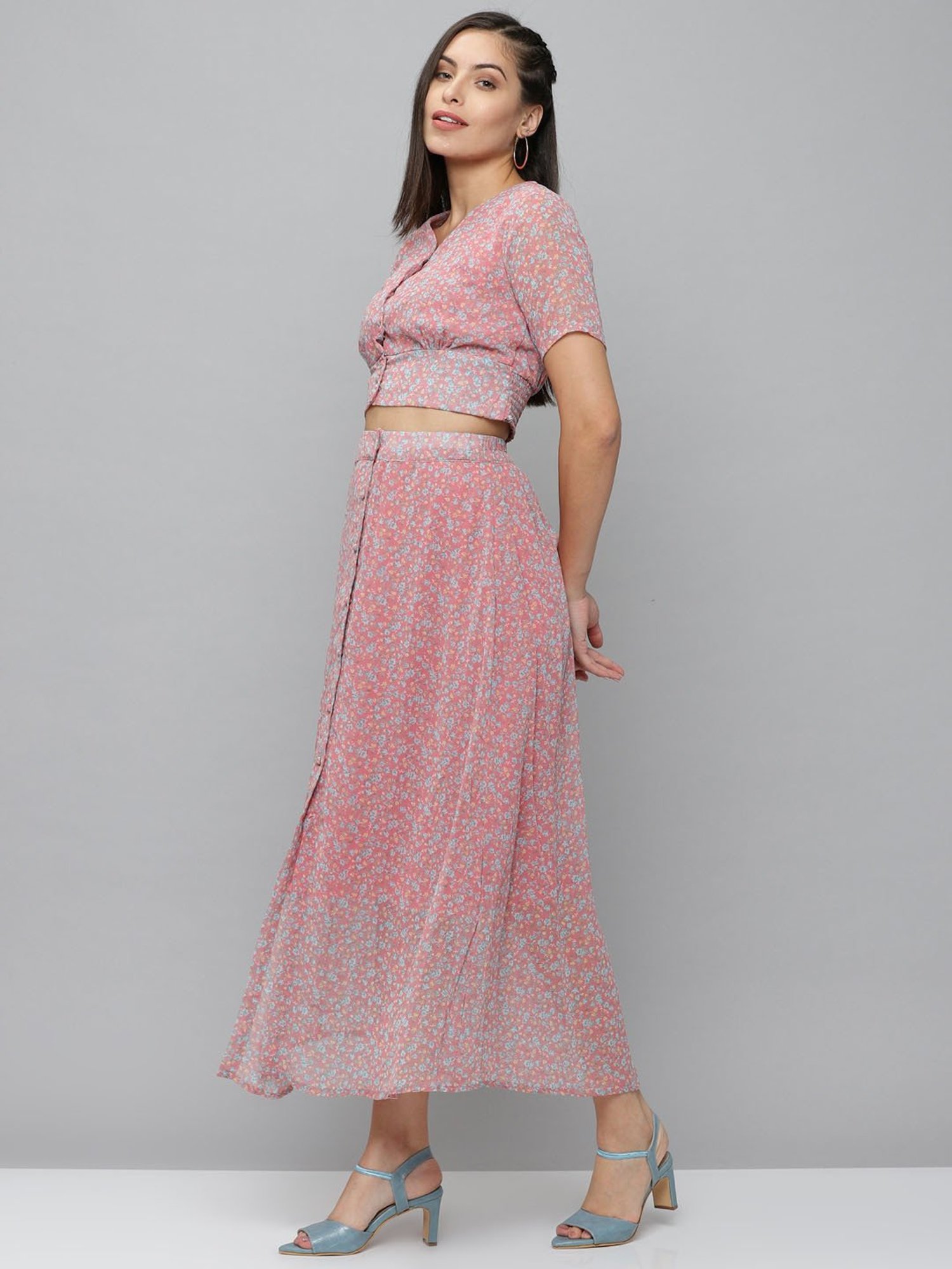 SHOWOFF Pink Blended Printed Top With Skirt