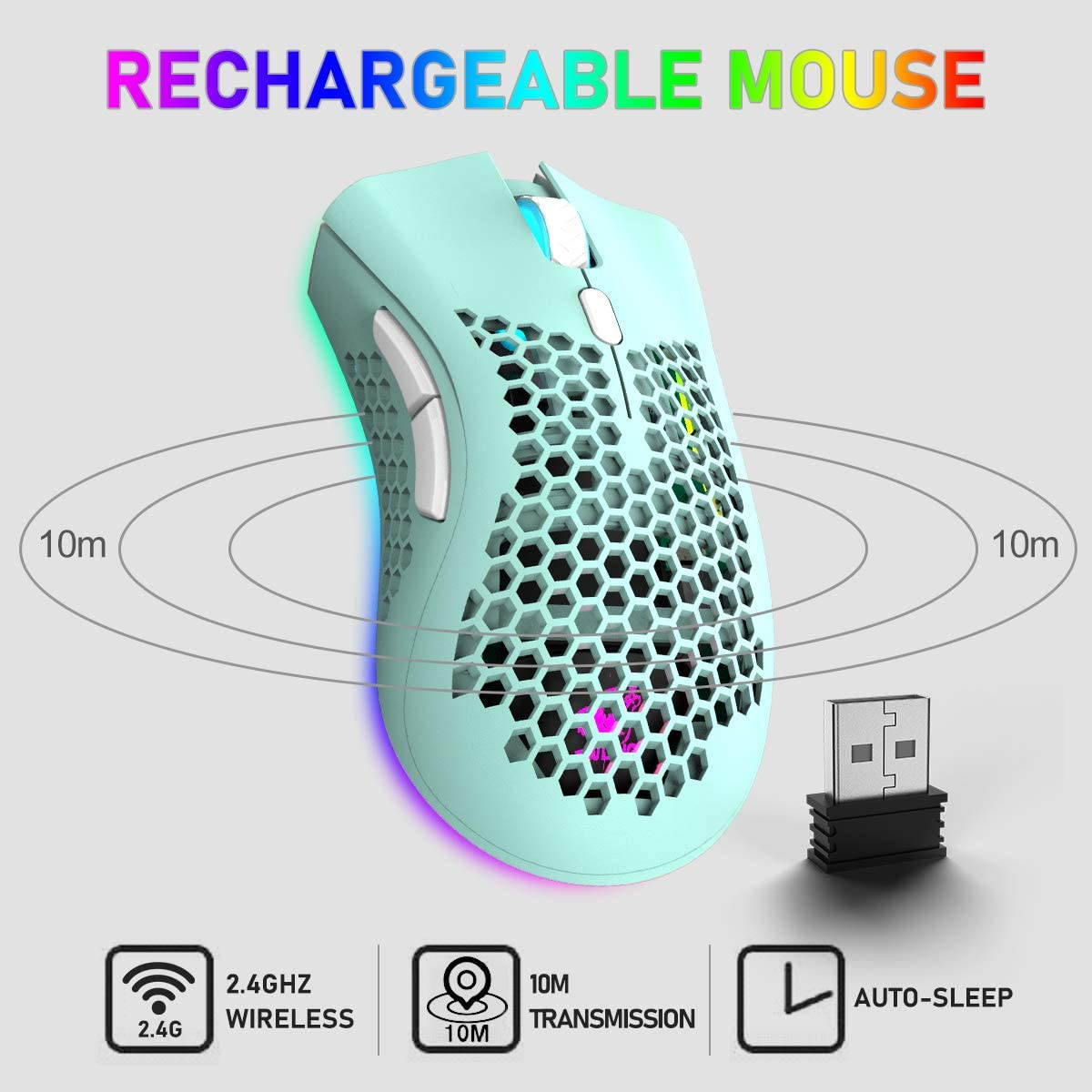 Gaming Mice Wireless Lightweight Gaming Mouse Honeycomb with 7 Button Multi RGB Backlit Perforated Ergonomic Shell Optical Sensor Adjustable DPI Rechargeable 800mAh Battery USB Receiver for PC Laptop