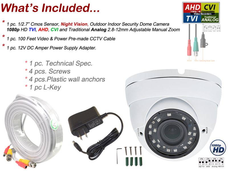Evertech 1080p HD CCTV Security Camera with 100 Feet Video Power Cable and Power Adapter