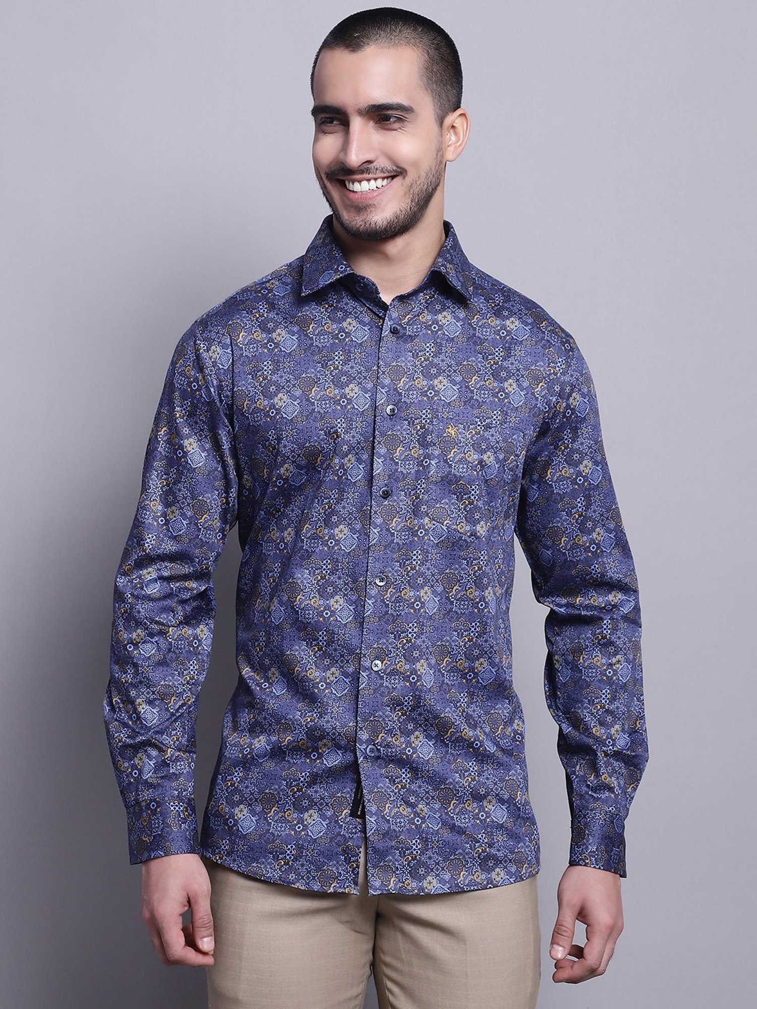 Cantabil Navy Regular Fit Printed Shirt