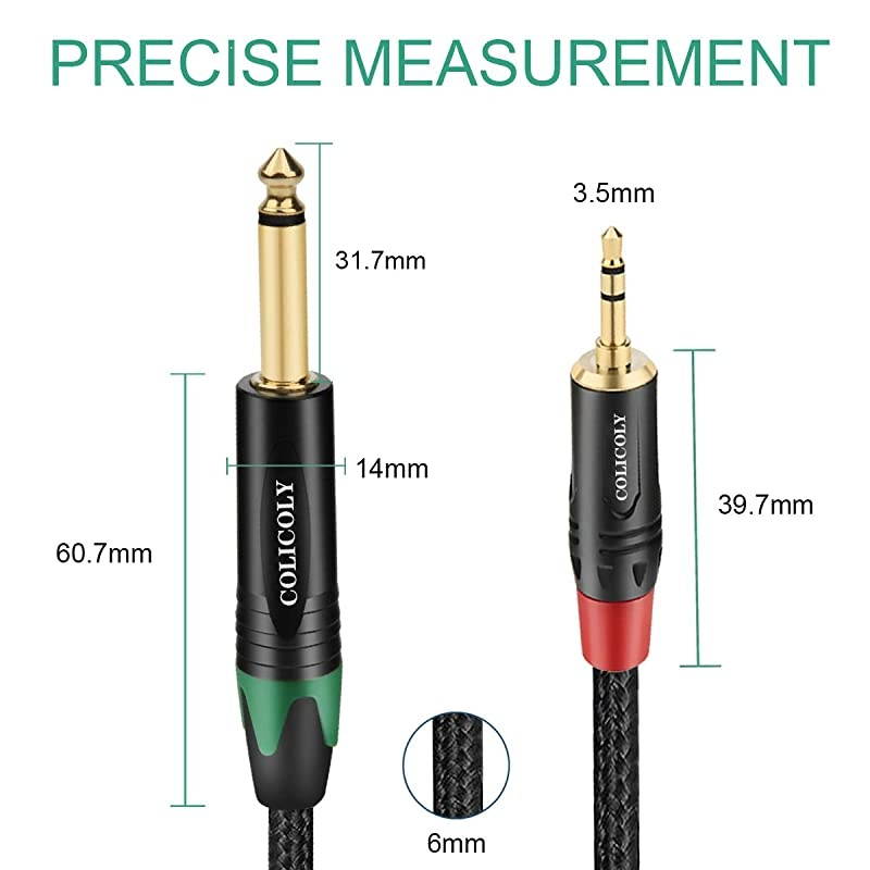 14 Mono to 35mm Stereo Cable 14 inch TS Mono to 18 inch TRS Stereo Interconnect Audio Adapter Cord 10ft