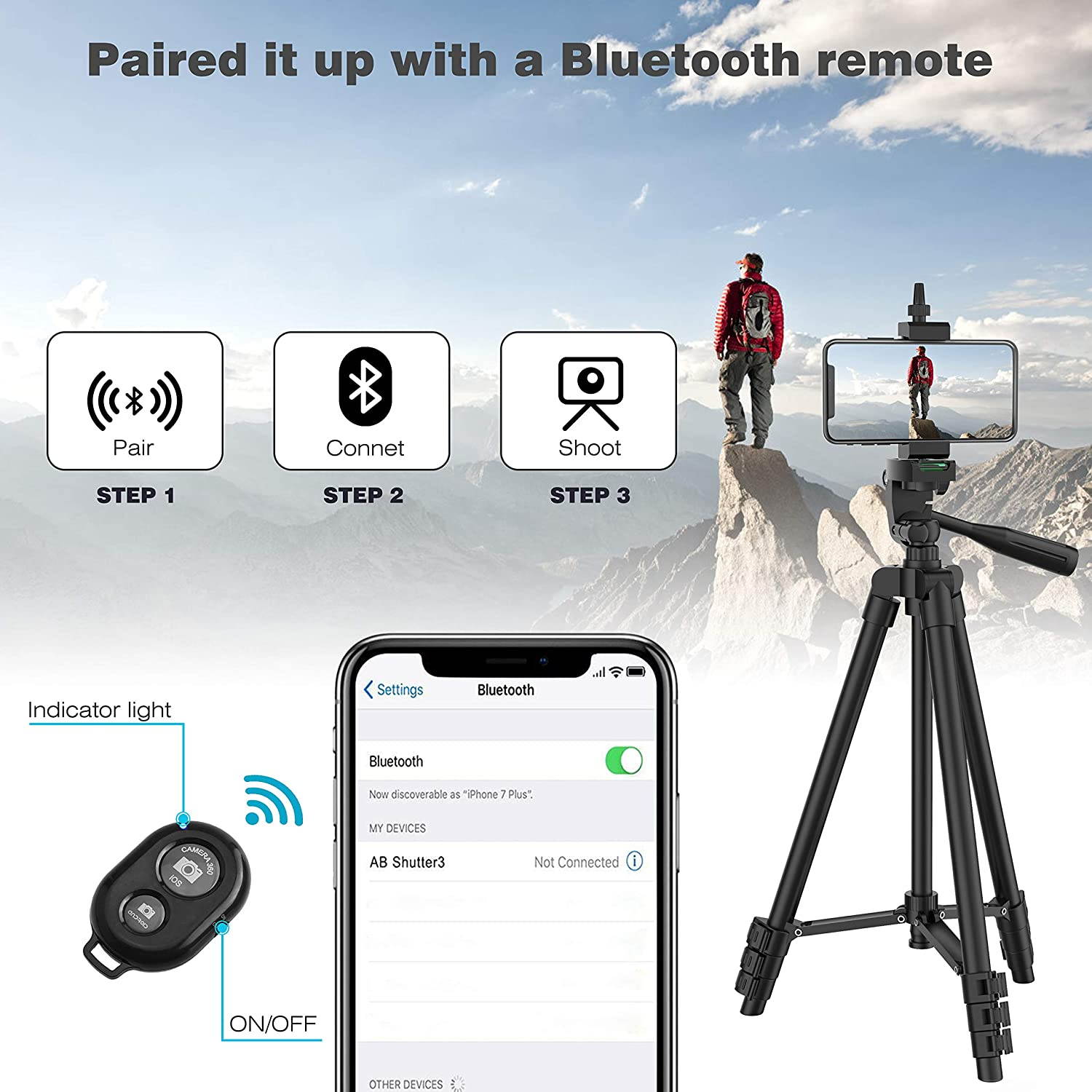 Phone Tripod, 51" Extendable Travel Lightweight Tripod Stand with Carrying Bag, Universal Tripod with Bluetooth Remote, Cell Phone Mount for iPhone Xs/Xs Max/Xr/X/8/8 Plus/Samsung/Android Phone,Camera