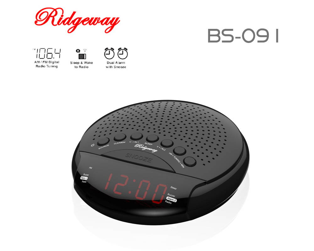Ridgeway BS-091 Clock Radio FM/AM Portable Radio With Clock & Dual Alarm & LED Display / 20 Stations (10 FM/10 AM) Built-in Antenna Color Black