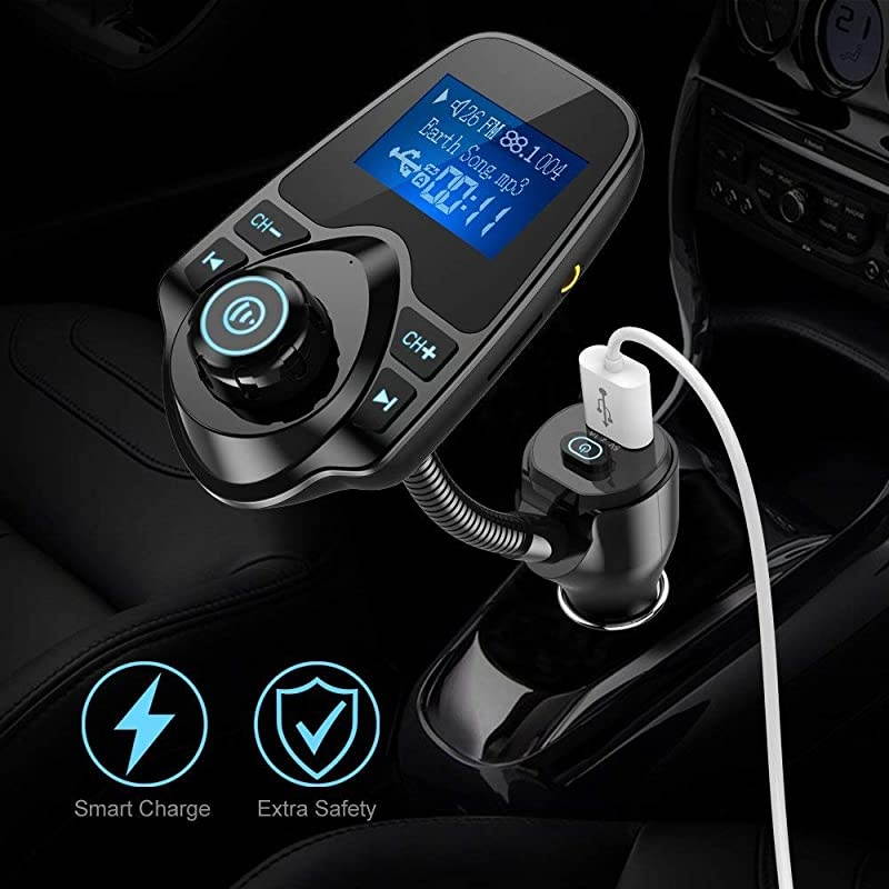 Bluetooth FM Transmitter for Car, Upgraded Manual Power On/Off Switch Wireless Car Radio Bluetooth Adapter Supports Hands free Calls, USB Fast Charging, microSD Card, Aux Play - KM18 Plus Black