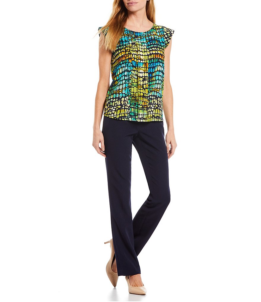 Tahari ASL Animal Print Georgette Jewel Neck Cap Sleeve Pleat Blouse