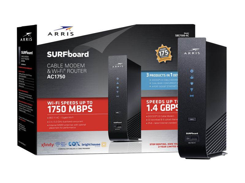 ARRIS SURFboard SBG7580AC DOCSIS 3.0 Cable Modem / Wi-Fi AC1750 Router &ndash; Retail Packaging &ndash; Black