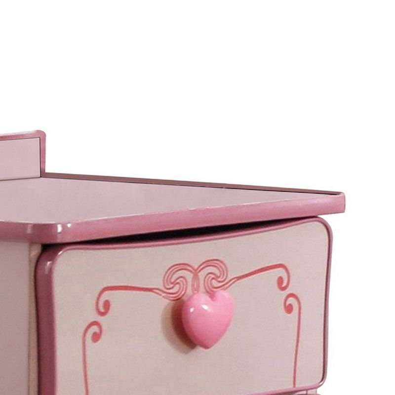 2 Drawer Wooden Nightstand with Heart Knob Pulls Pink - Benzara