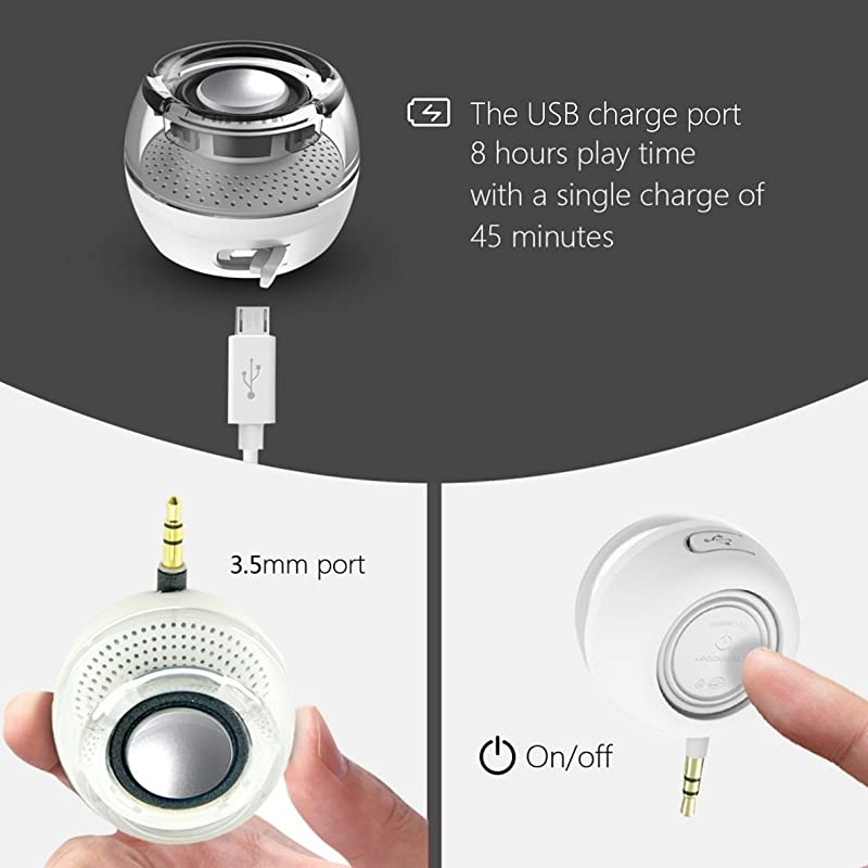 Portable Speaker,  Crystal 3W 27mm 8O Mini Wireless Speaker with 3.5mm Aux Audio Jack Plug in Clear Bass Micro USB Port Audio Dock for Smart Phone, for Pad, Computer (White)