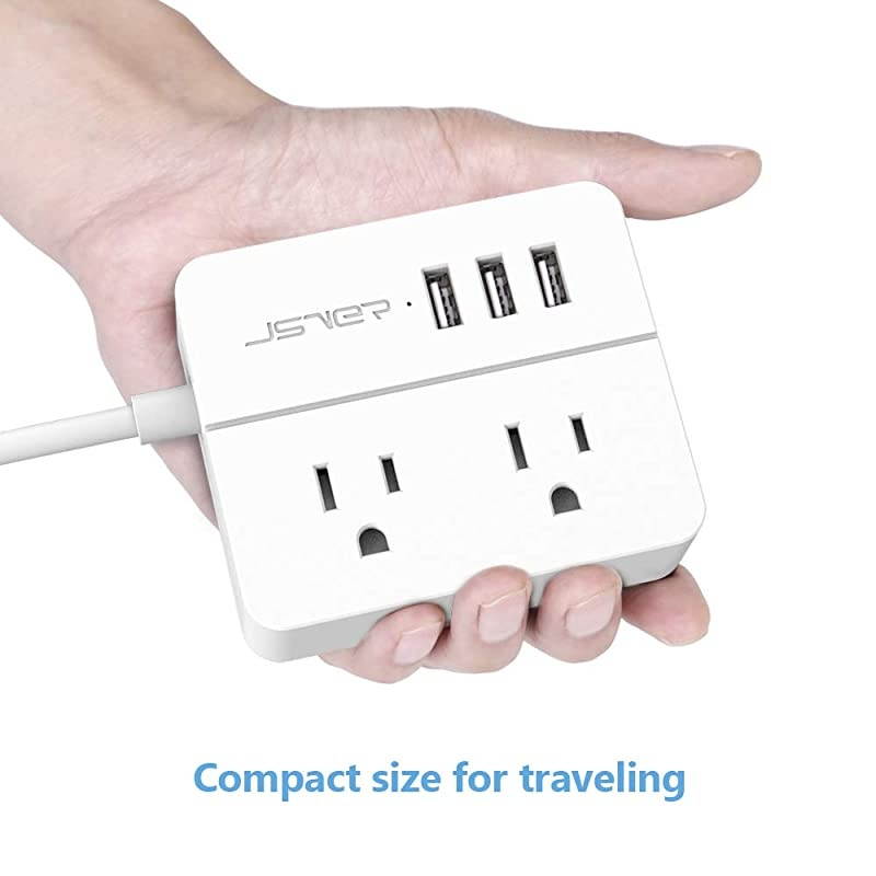 Compact Travel Power Strip with 3 USB Smart Charging Station and 2 Power Outlet White