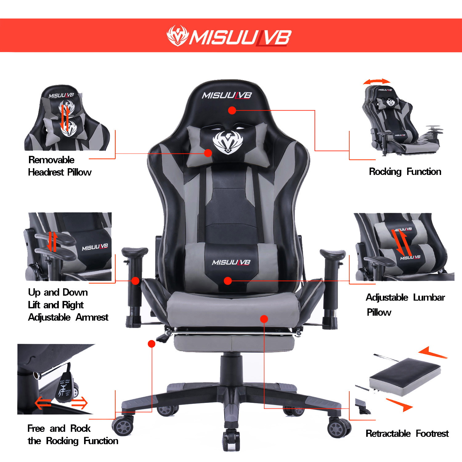 Gaming Chair, Racing Style Computer Desk Chair Padded Armrests Ergonomic Lumbar Support Adjustable Height