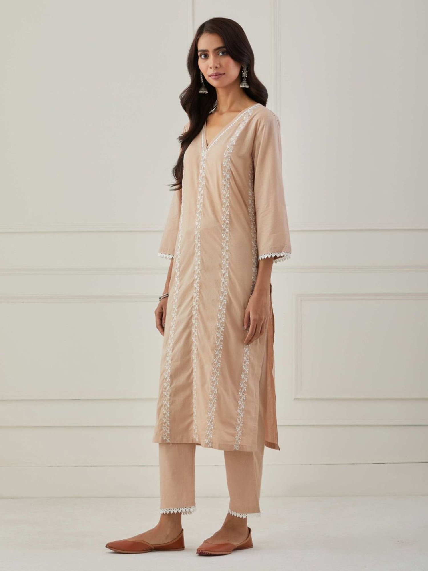 Priya Chaudhary Beige Sudha Embroidered Cotton Kurta