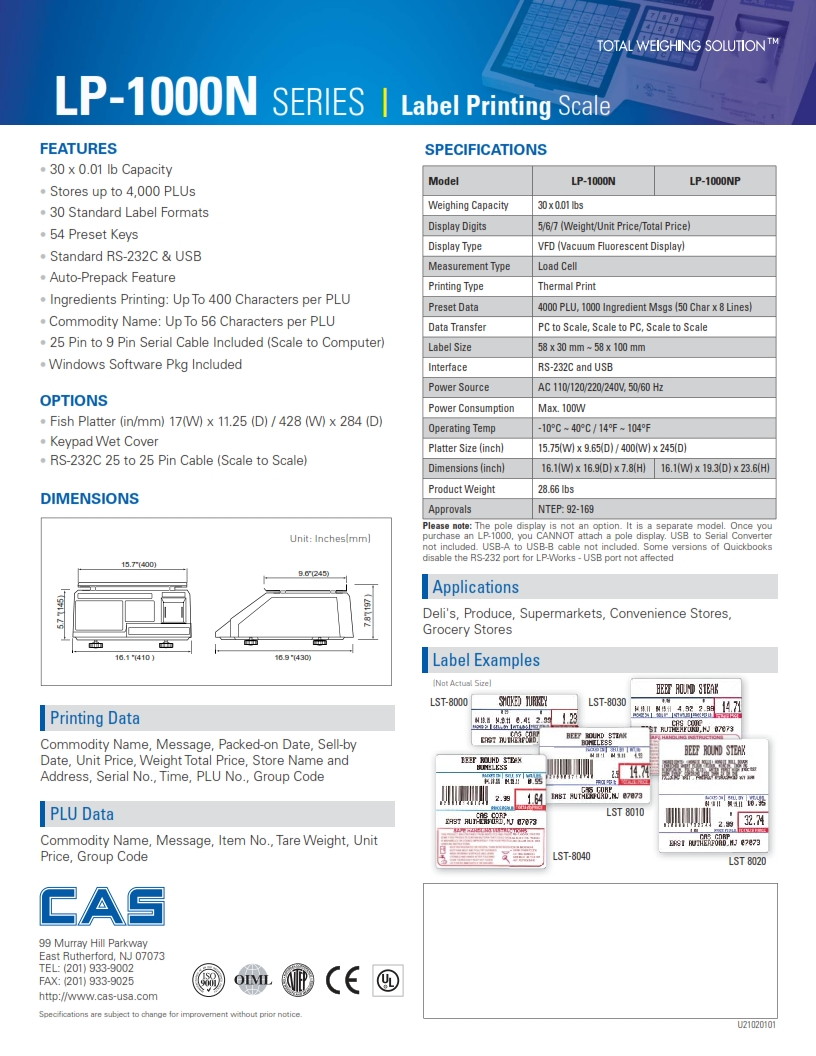 CAS LP-1000N Scale & FREE-USB Label Software.