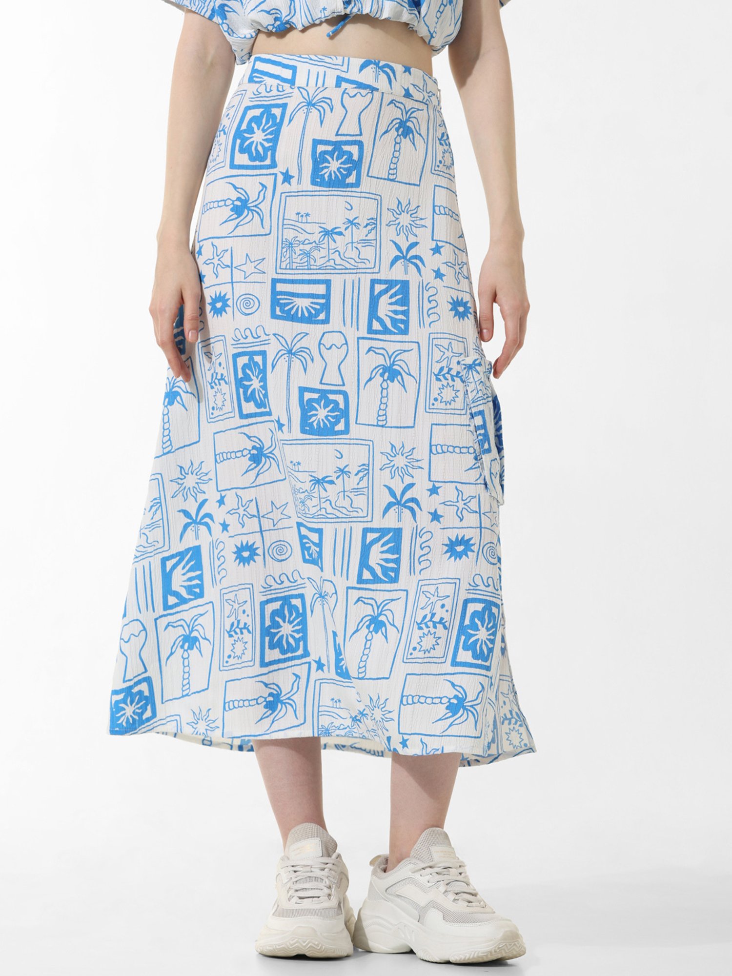 Only Blue & White Printed Midi Skirt