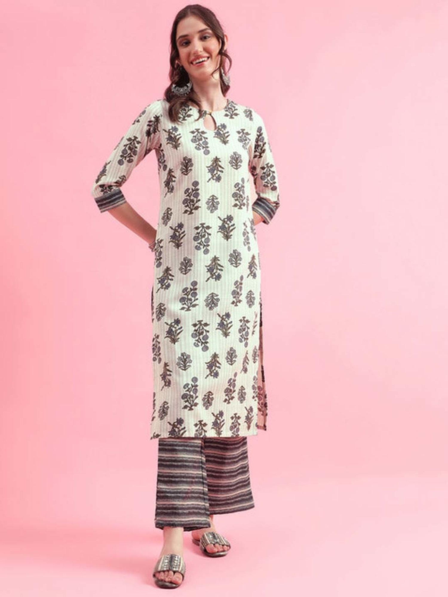 Skylee Off White & Grey Printed Kurta Palazzo Set With Dupatta