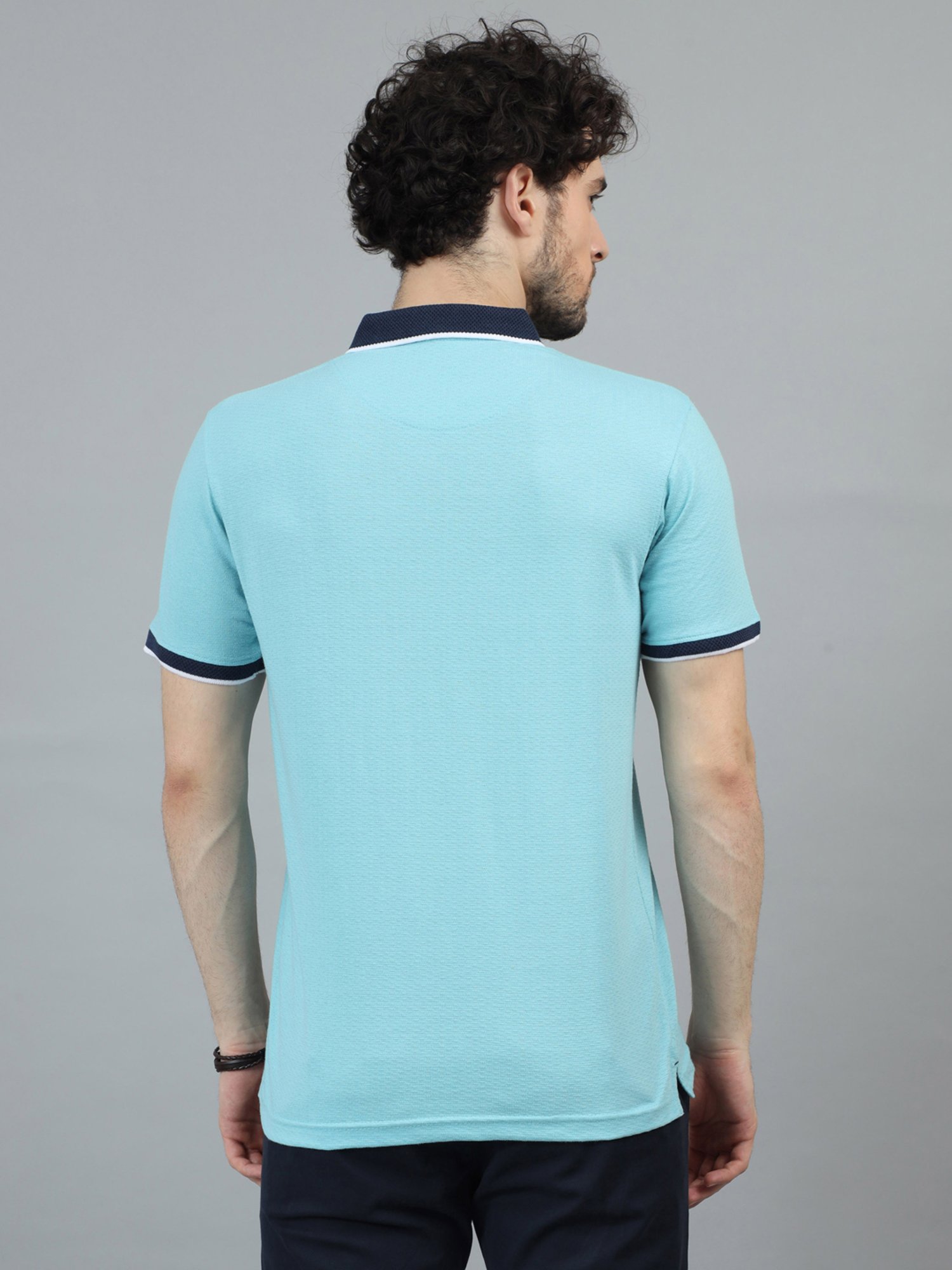 Bushirt Aqua Blue Regular Fit Self Design Cotton Polo T-Shirt