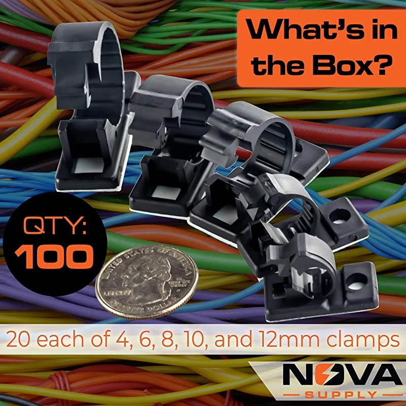 AdhesiveBacked Cable Clamps Combo Pack of 100 MultiSize Set of 20x 4 6 8 10 and 12 mm Black Clips For Wire Management and Cord Organization ToolsFree Install For Home Or Office