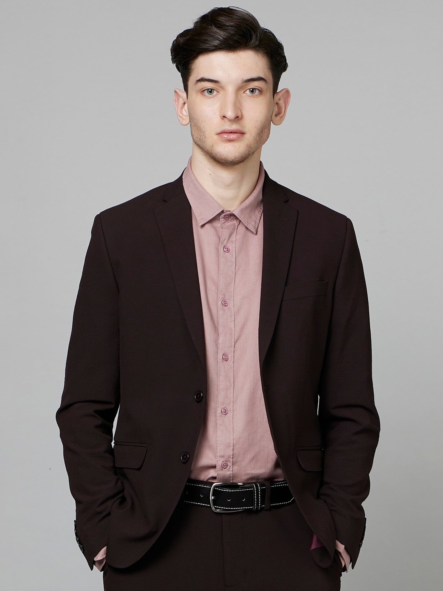 celio* Burgundy Slim Fit Self Design Notch Lapel Blazer