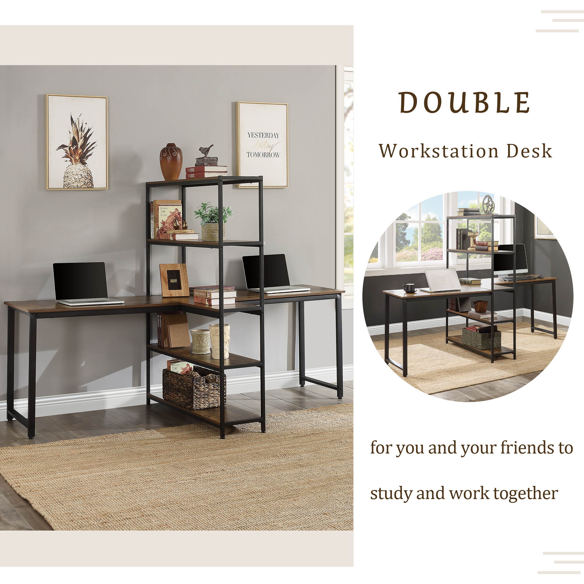 Home Office Two Person Computer Desk with Shelves Extra Large Double Workstations Office Desk Gaming Desk with Storage Shelves Brown