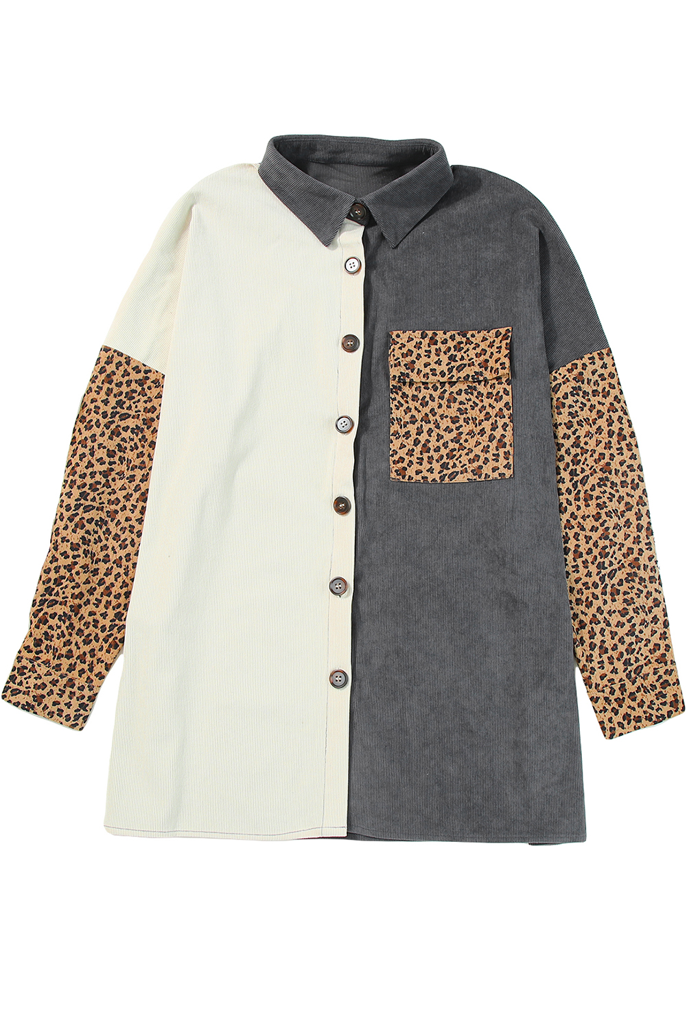 Gray Color Block Leopard Patchwork Casual Corduroy Shacket