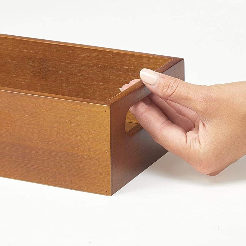 Bamboo Wood Compact Food Storage Bin with Handle for Kitchen Cabinet Pantry Shelf to Organize Seasoning Packets Powder Mixes Spices Packaged Snacks 2 Pack Brown